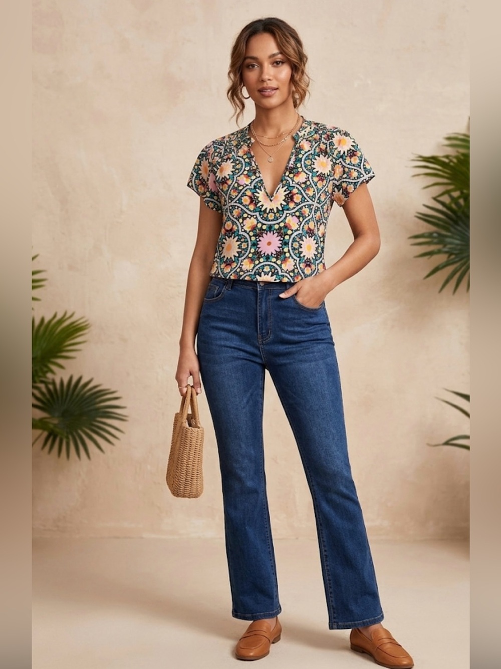 Floral Medallion Short-Sleeve Top in Multi